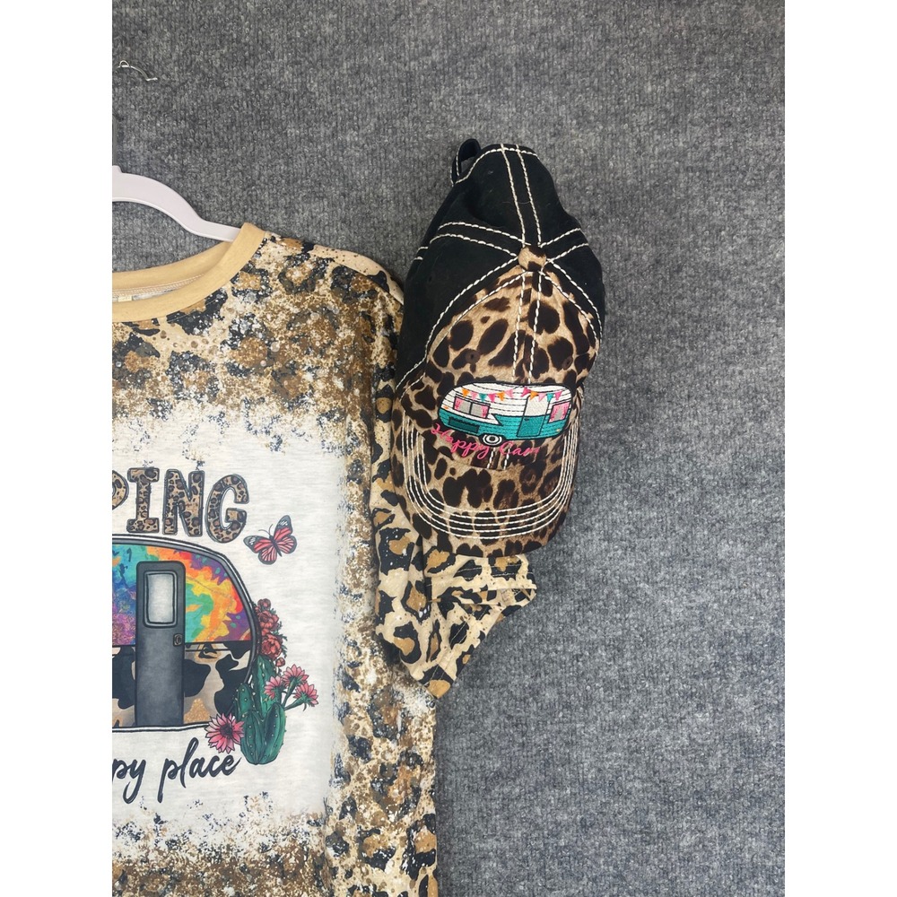 Graphic Tee Shirt & Hat Women's XL Tan Leopard Camping Is My Happy Place - Picture 10 of 13